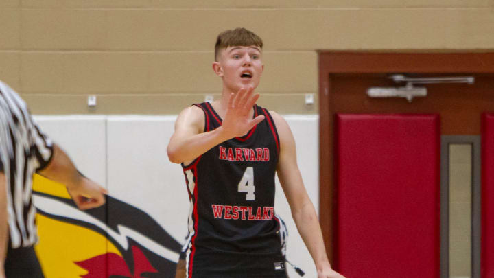 Nikolas Khamenia (4) tells his coach he is fine to stay in the game at the Hoophall West final Chaparral High School gym the Chaparral High School gym on Dec. 2, 2023.