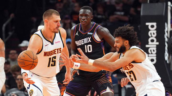 Oct 30, 2026; Phoenix, Arizona, USA; Denver Nuggets center Nikola Jokic (15) passes the ball to Denver Nuggets guard Jamal Murray (27) during the second half against the Phoenix Suns at Mortgage Matchup Center. Mandatory Credit: Joe Camporeale-Imagn Images Oct 30, 2026; Phoenix, Arizona, USA; Denver Nuggets center Nikola Jokic (15) passes the ball to Denver Nuggets guard Jamal Murray (27) during the second half against the Phoenix Suns at Mortgage Matchup Center. Mandatory Credit: Joe Camporeale-Imagn Images