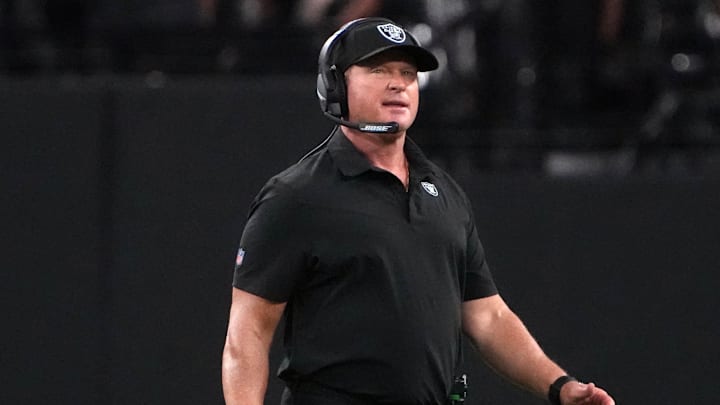 Sep 13, 2021; Paradise, Nevada, USA; Las Vegas Raiders head coach Jon Gruden reacts against the Baltimore Ravens during the second half at Allegiant Stadium. Mandatory Credit: Kirby Lee-Imagn Images
