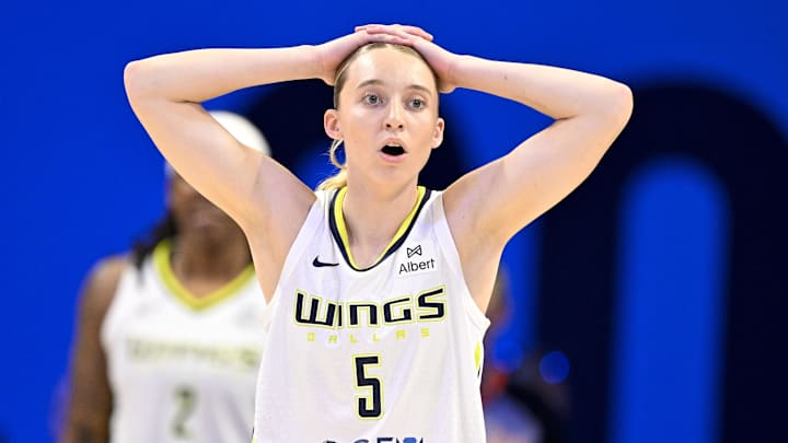 Sep 11, 2025; Arlington, Texas, USA; Dallas Wings guard Paige Bueckers (5) reacts to a call during the first half against the Phoenix Mercury at College Park Center. Mandatory Credit: Jerome Miron-Imagn Images