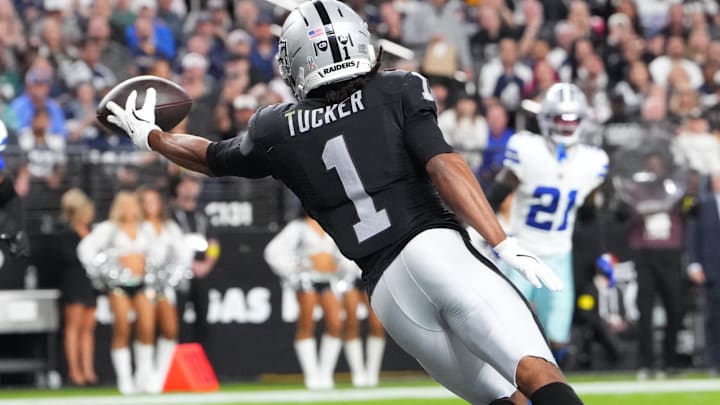 Nov 17, 2025; Paradise, Nevada, USA; Las Vegas Raiders wide receiver Tre Tucker (1) is unable to make the reception in the end zone against the Dallas Cowboys during the first half at Allegiant Stadium. Mandatory Credit: Stephen R. Sylvanie-Imagn Images Nov 17, 2025; Paradise, Nevada, USA; Las Vegas Raiders wide receiver Tre Tucker (1) is unable to make the reception in the end zone against the Dallas Cowboys during the first half at Allegiant Stadium. Mandatory Credit: Stephen R. Sylvanie-Imagn Images