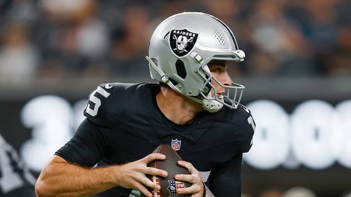 Aug 13, 2026; Paradise, Nevada, USA; Las Vegas Raiders quarterback Fernando Mendoza (15) rolls out during the third quarter of a preseason game against the Arizona Cardinals at Allegiant Stadium. Mandatory Credit: David Brytus-Imagn Images Aug 13, 2026; Paradise, Nevada, USA; Las Vegas Raiders quarterback Fernando Mendoza (15) rolls out during the third quarter of a preseason game against the Arizona Cardinals at Allegiant Stadium. Mandatory Credit: David Brytus-Imagn Images