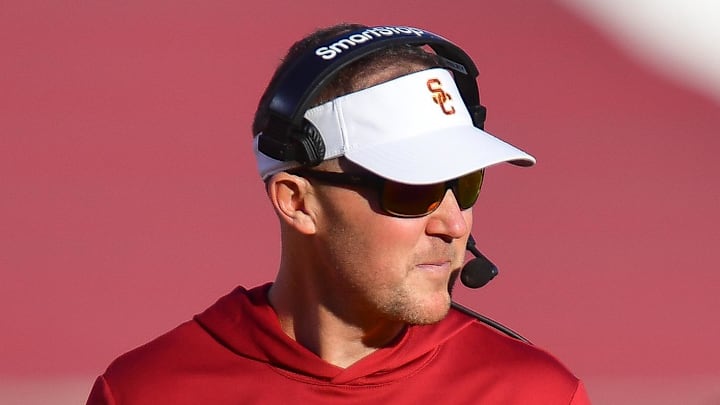 Nov 16, 2024; Los Angeles, California, USA; Southern California Trojans head coach Lincoln Riley watches game action against the Nebraska Cornhuskers during the second half at the Los Angeles Memorial Coliseum. Mandatory Credit: Gary A. Vasquez-Imagn Images