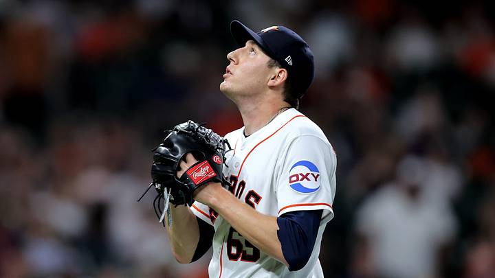 Aug 22, 2026; Houston, Texas, USA; Houston Astros pitcher AJ Blubaugh (69) reacts after a strikeout to retire the side against the Athletics during the seventh inning at Daikin Park. Mandatory Credit: Erik Williams-Imagn Images Aug 22, 2026; Houston, Texas, USA; Houston Astros pitcher AJ Blubaugh (69) reacts after a strikeout to retire the side against the Athletics during the seventh inning at Daikin Park. Mandatory Credit: Erik Williams-Imagn Images