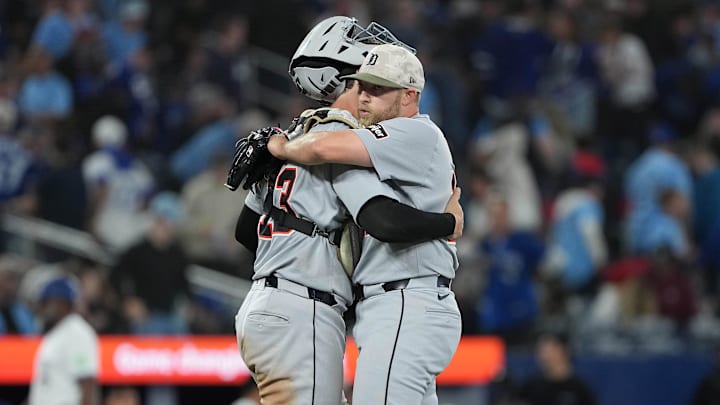 May 18, 2025; Toronto, Ontario, CAN; Detroit Tigers catcher Dillon Dingler (13) celebrates the win with relief pitcher Will Vest (19) against the Toronto Blue Jays at the end of the ninth inning at Rogers Centre.