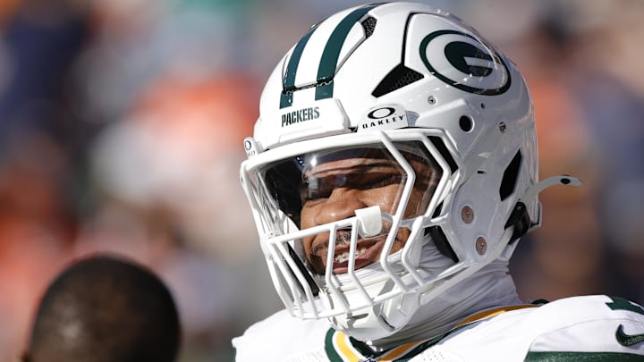 Green Bay Packers defensive end Micah Parsons warms up before a game against the Denver Broncos. Green Bay Packers defensive end Micah Parsons warms up before a game against the Denver Broncos.