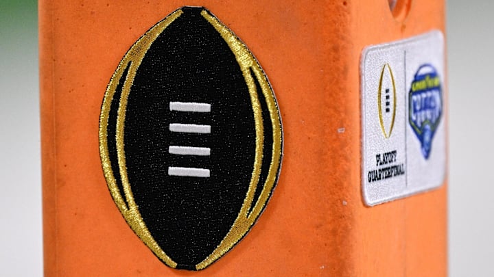 Dec 31, 2025; Arlington, TX, USA; A detailed view of the College Football Playoff logo on the pylon during the game between the Miami Hurricanes and Ohio State Buckeyes during the 2025 Cotton Bowl and quarterfinal game of the College Football Playoff at AT&T Stadium. Mandatory Credit: Jerome Miron-Imagn Images