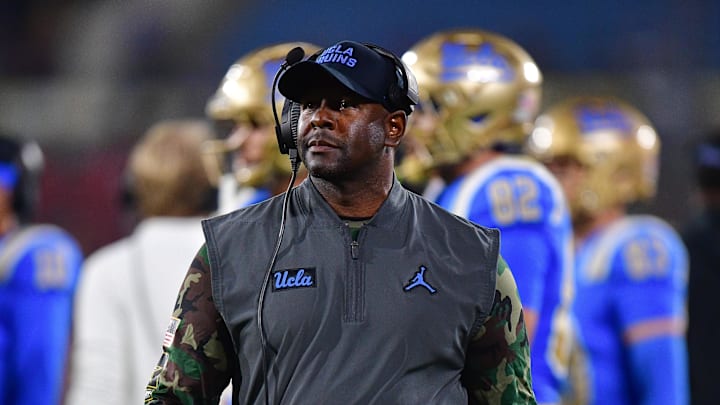 Nov 8, 2025; Pasadena, California, USA; UCLA Bruins interim head coach Tim Skipper during the first half at the Rose Bowl. Mandatory Credit: Gary A. Vasquez-Imagn Images