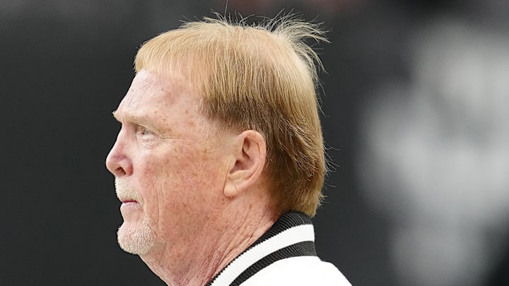 Jan 4, 2026; Paradise, Nevada, USA; Las Vegas Raiders owner Mark Davis observes warm ups before the start of a game against the Kansas City Chiefs at Allegiant Stadium. Mandatory Credit: Stephen R. Sylvanie-Imagn Images