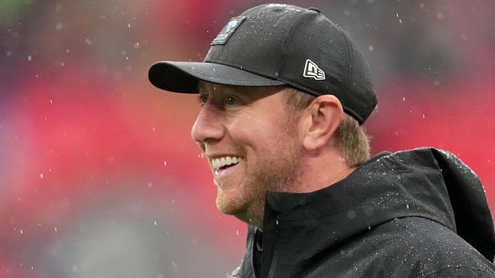 Oct 19, 2025; London, United Kingdom; Jacksonville Jaguars head coach Liam Coen looks on during warmups before a NFL International Series game between the Los Angeles Rams and the Jacksonville Jaguars at Wembley Stadium. Mandatory Credit: Kirby Lee-Imagn Images