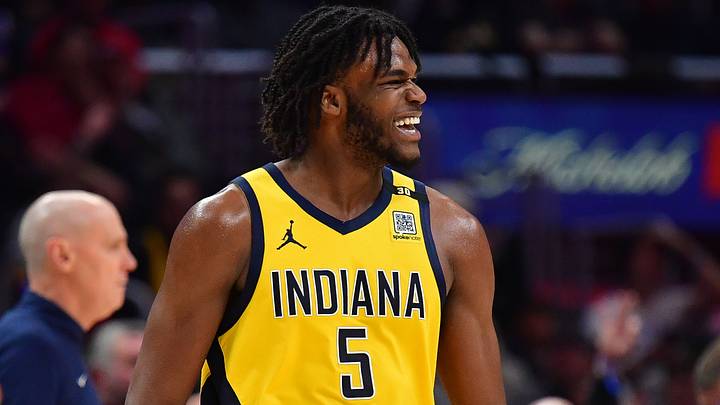 Mar 25, 2024; Los Angeles, California, USA; Indiana Pacers forward Jarace Walker (5) reacts during the second half at Crypto.com Arena. Mandatory Credit: Gary A. Vasquez-USA TODAY Sports