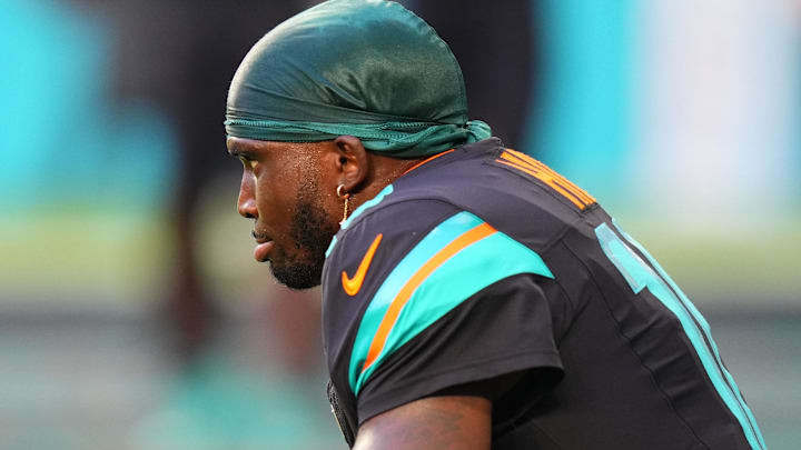Sep 29, 2025; Miami Gardens, Florida, USA; Miami Dolphins wide receiver Tyreek Hill (10) practices before the game against the New York Jets at Hard Rock Stadium. Mandatory Credit: Rich Storry-Imagn Images