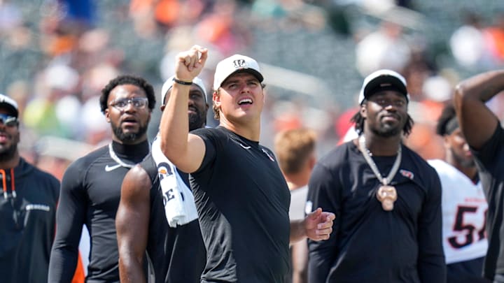 Cincinnati Bengals defensive end Trey Hendrickson (91) watches a replay in the fourth quarter of the NFL Preseason Week 3 game between the Cincinnati Bengals and the Indianapolis Colts at Paycor Stadium in Cincinnati on Saturday, Aug. 23, 2025. The Colts won 41-14. Cincinnati Bengals defensive end Trey Hendrickson (91) watches a replay in the fourth quarter of the NFL Preseason Week 3 game between the Cincinnati Bengals and the Indianapolis Colts at Paycor Stadium in Cincinnati on Saturday, Aug. 23, 2025. The Colts won 41-14.