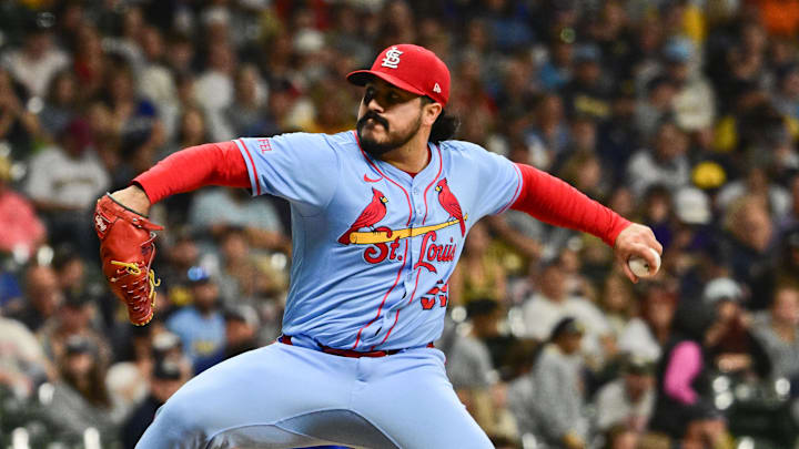 Sep 13, 2025; Milwaukee, Wisconsin, USA; St. Louis Cardinals pitcher JoJo Romero (59) throws against the Milwaukee Brewers in the eighth inning at American Family Field. Mandatory Credit: Benny Sieu-Imagn Images Sep 13, 2025; Milwaukee, Wisconsin, USA; St. Louis Cardinals pitcher JoJo Romero (59) throws against the Milwaukee Brewers in the eighth inning at American Family Field. Mandatory Credit: Benny Sieu-Imagn Images