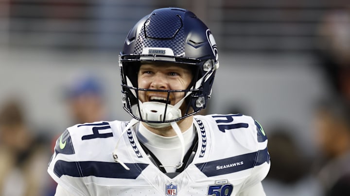 Jan 3, 2026; Santa Clara, California, USA; Seattle Seahawks quarterback Sam Darnold (14) reacts during the first half at Levi's Stadium. Mandatory Credit: Sergio Estrada-Imagn Images