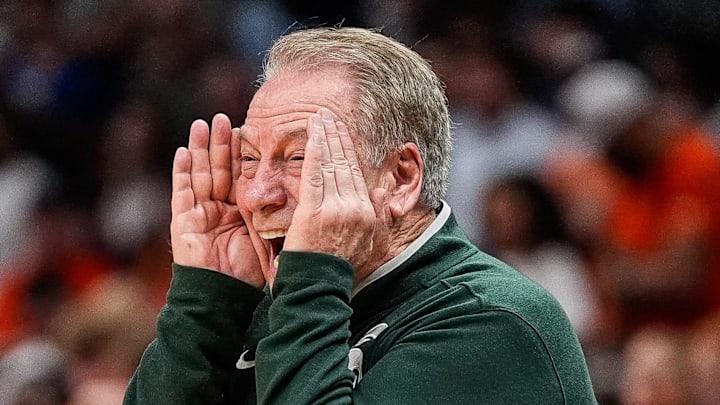 Michigan State head coach Tom Izzo reacts to a play against Auburn during the second half of the Elite Eight round of NCAA tournament at State Farm Arena in Atlanta, Ga. on Sunday, March 30, 2025.