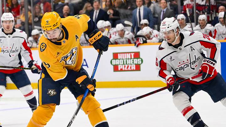 Jan 11, 2026; Nashville, Tennessee, USA; Nashville Predators left wing Filip Forsberg (9) takes a shot on goal against the Washington Capitals during the first period at Bridgestone Arena. Mandatory Credit: Steve Roberts-Imagn Images Jan 11, 2026; Nashville, Tennessee, USA; Nashville Predators left wing Filip Forsberg (9) takes a shot on goal against the Washington Capitals during the first period at Bridgestone Arena. Mandatory Credit: Steve Roberts-Imagn Images