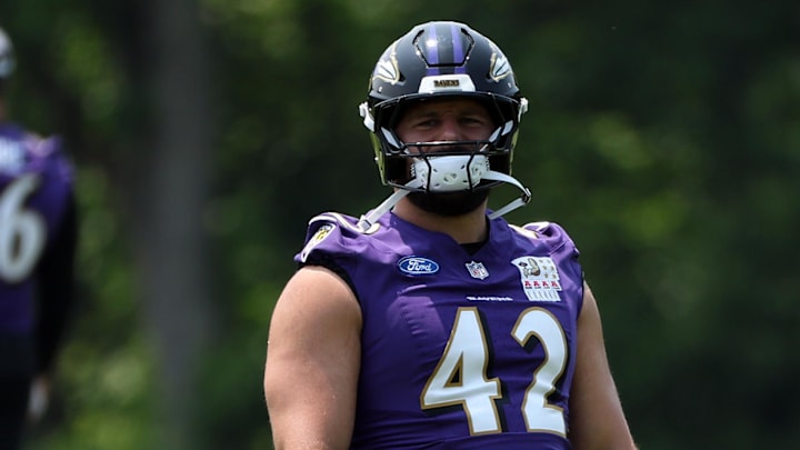 Jun 11, 2025; Baltimore, MD, USA; Baltimore Ravens fullback Patrick Ricard (42) looks on during an NFL OTA at Under Armour Performance Center. Mandatory Credit: Daniel Kucin Jr.-Imagn Images