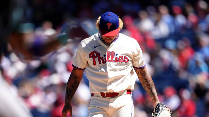 Apr 11, 2026; Philadelphia, Pennsylvania, USA; Philadelphia Phillies starting pitcher Taijuan Walker (99) reacts after allowing a home run against the Arizona Diamondbacks in the first inning at Citizens Bank Park. Mandatory Credit: Kyle Ross-Imagn Images