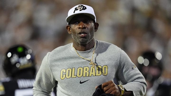 Sep 20, 2025; Boulder, Colorado, USA; Colorado Buffaloes head coach Deion Sanders before the game against the Wyoming Cowboys at Folsom Field. Mandatory Credit: Ron Chenoy-Imagn Images