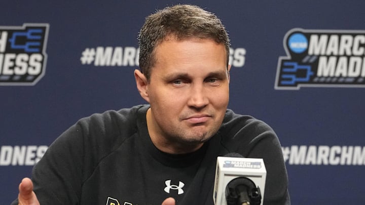 Mar 19, 2025; Providence, RI, USA; McNeese State Cowboys head coach Will Wade answers questions during the first round practice session press conference at Amica Mutual Pavilion. Mandatory Credit: Gregory Fisher-Imagn Images