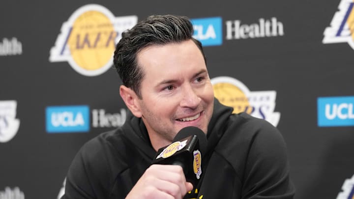 Mar 3, 2026; Los Angeles, California, USA; Los Angeles Lakers head coach JJ Redick at a press conference at the Crypto.com Arena. Mandatory Credit: Kirby Lee-Imagn Images