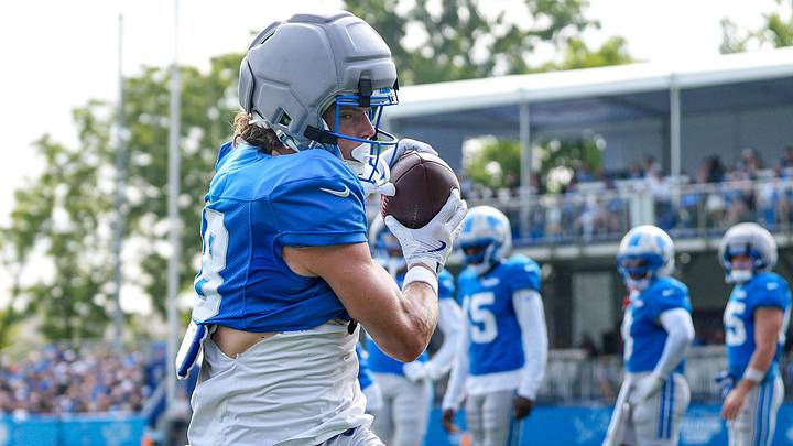 Detroit Lions wide receiver Isaac Teslaa (18) practices during training camp Detroit Lions wide receiver Isaac Teslaa (18) practices during training camp