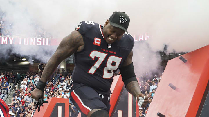 Dec 15, 2024; Houston Texans offensive tackle Laremy Tunsil (78) runs onto the field before the game against the Miami Dolphins at NRG Stadium. Mandatory Credit: Troy Taormina-Imagn Images Dec 15, 2024; Houston Texans offensive tackle Laremy Tunsil (78) runs onto the field before the game against the Miami Dolphins at NRG Stadium. Mandatory Credit: Troy Taormina-Imagn Images