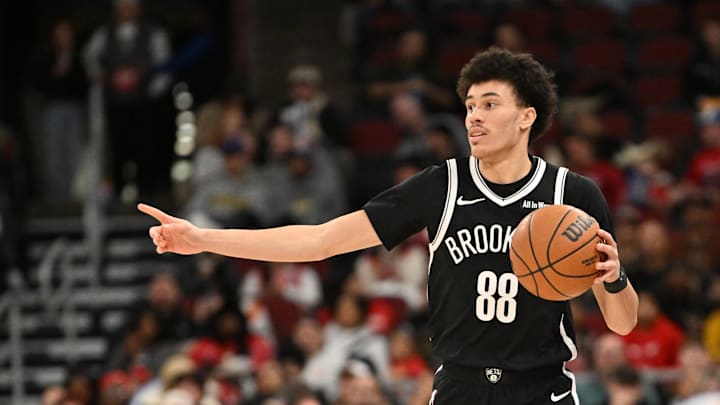 Jan 18, 2026; Chicago, Illinois, USA; Brooklyn Nets guard Nolan Traore (88) dribbles against the Chicago Bulls during the second half at United Center. Mandatory Credit: Patrick Gorski-Imagn Images