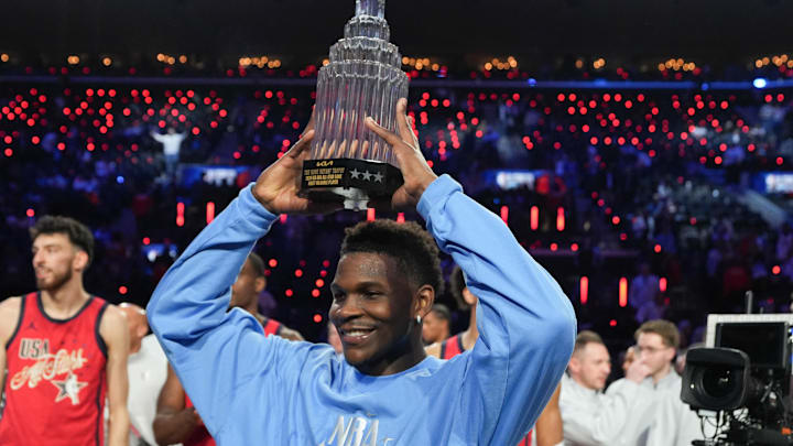 Feb 15, 2026; Inglewood, California, USA; Team USA Stars guard Anthony Edwards (5) of the Minnesota Timberwolves poses with the MVP trophy after the 75th NBA All Star Game at Intuit Dome. Mandatory Credit: Kirby Lee-Imagn Images Feb 15, 2026; Inglewood, California, USA; Team USA Stars guard Anthony Edwards (5) of the Minnesota Timberwolves poses with the MVP trophy after the 75th NBA All Star Game at Intuit Dome. Mandatory Credit: Kirby Lee-Imagn Images