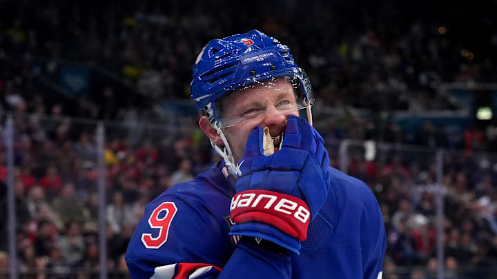 Feb 18, 2026; Milan, Italy; Jack Eichel of United States reacts against Sweden in a men's ice hockey quarterfinal during the Milano Cortina 2026 Olympic Winter Games at Milano Santagiulia Ice Hockey Arena. Mandatory Credit: Amber Searls-Imagn Images