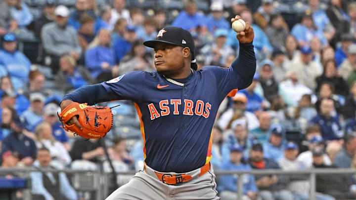 Apr 26, 2025; Kansas City, Missouri, USA; Houston Astros starting pitcher Framber Valdez (59) throws a pitch in the first inning against the Kansas City Royals at Kauffman Stadium. Apr 26, 2025; Kansas City, Missouri, USA; Houston Astros starting pitcher Framber Valdez (59) throws a pitch in the first inning against the Kansas City Royals at Kauffman Stadium.