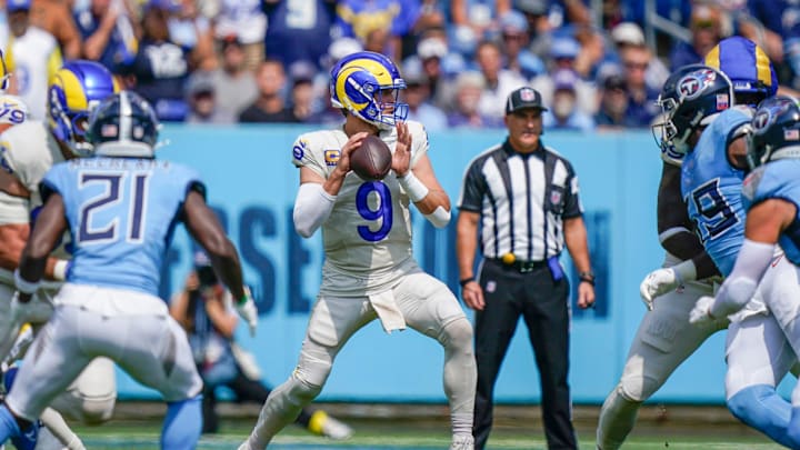 Los Angeles Rams quarterback Matthew Stafford (9) looks downfield during the first quarter against the Tennessee Titans at Nissan Stadium in Nashville, Tenn., Sunday, Sept. 14, 2025.