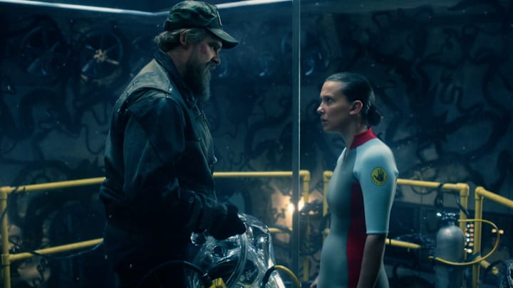 (L to R) David Harbour as Jim Hopper and Millie Bobby Brown as Eleven in Stranger Things: Season 5.