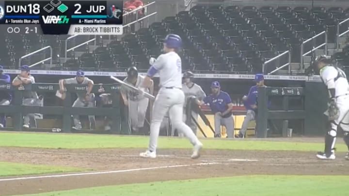 A Dunedin Blue Jays player earns one of 22 walks during a game against the Jupiter Hammerheads.