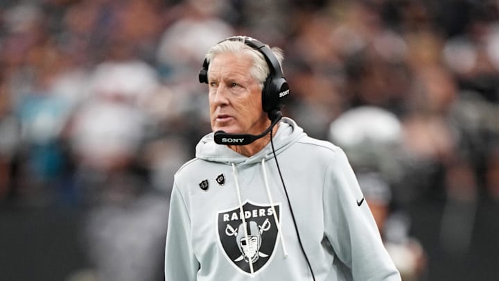 Nov 2, 2025; Paradise, Nevada, USA; The Las Vegas Raiders head coach Pete Carroll looks on during warmups before the game against the Jacksonville Jaguars at Allegiant Stadium. Mandatory Credit: Kirby Lee-Imagn Images