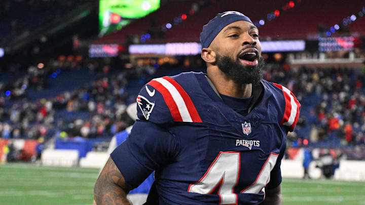 Jan 11, 2026; Foxborough, MA, USA; New England Patriots linebacker K'Lavon Chaisson (44) jogs off the field after defeating the Los Angeles Chargers in an AFC Wild Card Round game at Gillette Stadium. Mandatory Credit: Eric Canha-Imagn Images