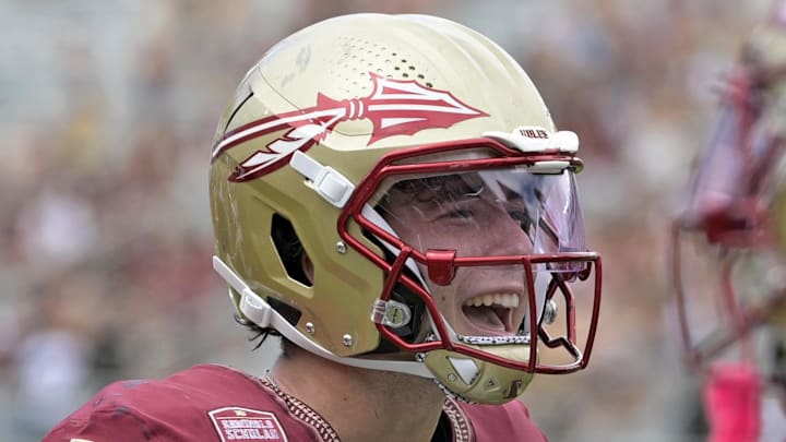 Sep 6, 2025; Tallahassee, Florida, USA; Florida State Seminoles quarterback Kevin Sperry celebrates after scoring a touchdown against the East Texas A&M Lions during the second half at Doak S. Campbell Stadium. Mandatory Credit: Melina Myers-Imagn Images Sep 6, 2025; Tallahassee, Florida, USA; Florida State Seminoles quarterback Kevin Sperry celebrates after scoring a touchdown against the East Texas A&M Lions during the second half at Doak S. Campbell Stadium. Mandatory Credit: Melina Myers-Imagn Images