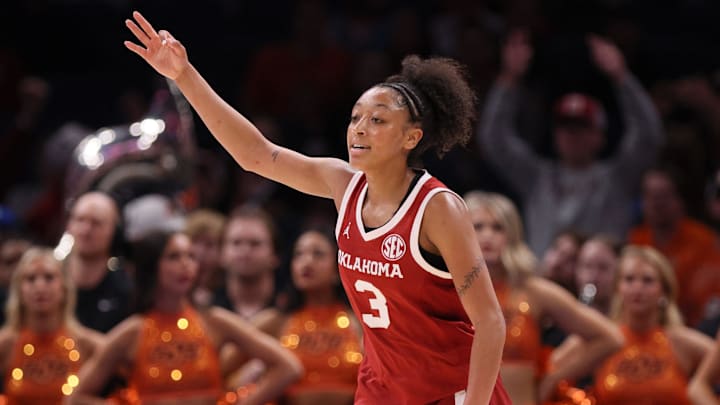 Oklahoma guard Zya Vann celebrates after hitting a shot against Oklahoma State.