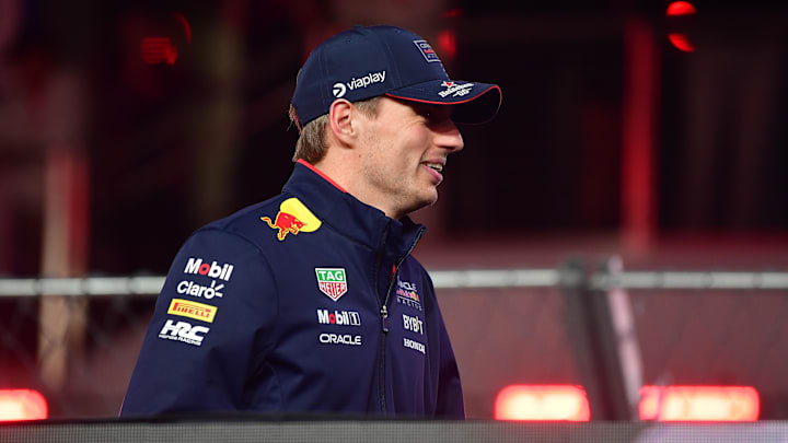 Nov 23, 2024; Las Vegas, Nevada, USA; Oracle Red Bull Racing driver Max Verstappen (1)  is introduced before the Las Vegas Grand Prix at Las Vegas Circuit. Mandatory Credit: Gary A. Vasquez-Imagn Images
