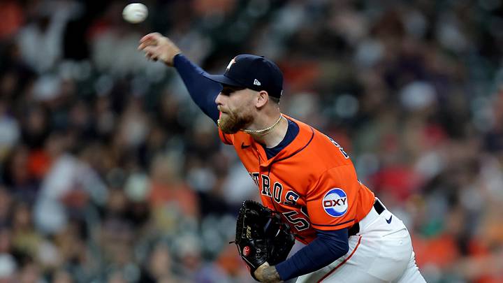 Jun 19, 2026; Houston, Texas, USA; Houston Astros pitcher Mike Burrows (50) delivers a pitch against the Cleveland Guardians during the ninth inning at Daikin Park. Mandatory Credit: Erik Williams-Imagn Images