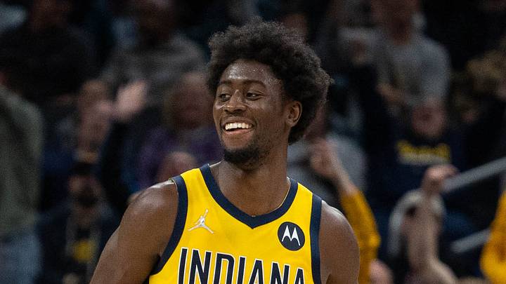 Indiana Pacers guard Caris LeVert (22) reacts to a made basket in the second half against the Dallas Mavericks at Gainbridge Fieldhouse on December 10, 2021.