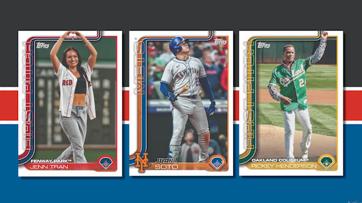 2025 Topps Series 2 baseball cards of Jenn Tran, Juan Soto, and Rickey Henderson