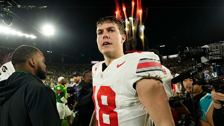 Ohio State Buckeyes quarterback Will Howard (18) celebrates following the 41-21 win over the Oregon Ducks in the College Football Playoff quarterfinal at the Rose Bowl in Pasadena, Calif. on Jan. 1, 2025. Ohio State Buckeyes quarterback Will Howard (18) celebrates following the 41-21 win over the Oregon Ducks in the College Football Playoff quarterfinal at the Rose Bowl in Pasadena, Calif. on Jan. 1, 2025.
