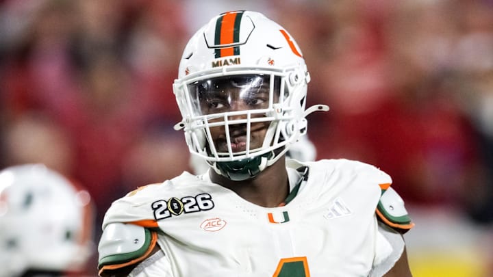 Jan 19, 2026; Miami Gardens, FL, USA; Miami Hurricanes defensive lineman Rueben Bain Jr. (4) against the Indiana Hoosiers during the College Football Playoff National Championship game at Hard Rock Stadium. Mandatory Credit: Mark J. Rebilas-Imagn Images
