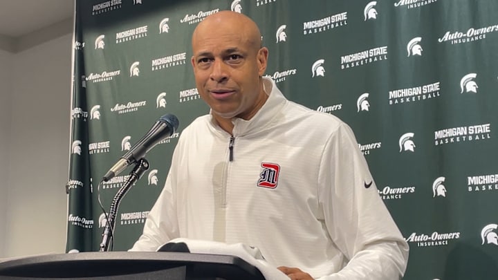 Detroit Mercy Titans head coach Mark Montgomery speaks to the media following an 84-56 loss to the Michigan State Spartans. Montgomery is a former player and assistant coach at MSU.