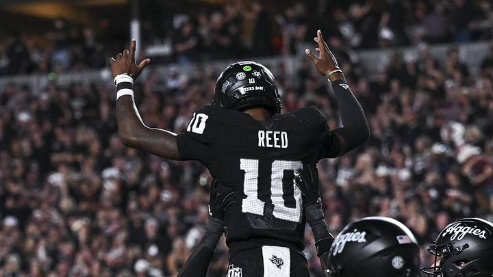 Oct 4, 2025; College Station, Texas, USA; Texas A&M Aggies quarterback Marcel Reed (10) is hoisted in celebration after scoring a touchdown in the fourth quarter against the Mississippi State Bulldogs at Kyle Field. Mandatory Credit: Maria Lysaker-Imagn Images 