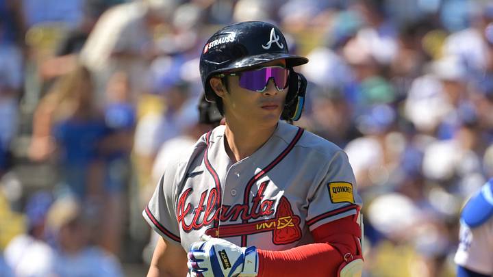 Oct 3, 2026; Los Angeles, California, USA;  Atlanta Braves shortstop Ha-Seong Kim (7) walks to the dugout after striking out in the third inning of game one of the NLDS against the Los Angeles Dodgers for the 2026 MLB Playoffs at Uniqlo Field at Dodger Stadium.  Mandatory Credit: Jayne Kamin-Oncea-Imagn Images