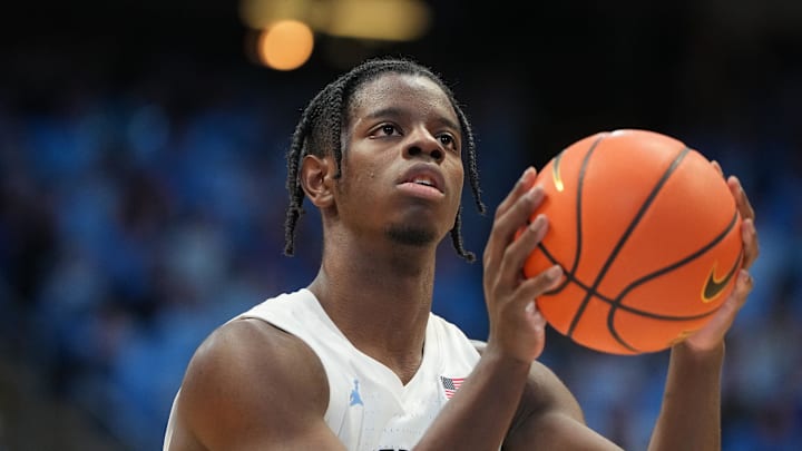 Feb 2, 2026; Chapel Hill, North Carolina, USA; North Carolina Tar Heels forward Caleb Wilson (8) on the free throw line in the second half at Dean E. Smith Center. Mandatory Credit: Bob Donnan-Imagn Images