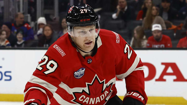 Feb 20, 2025; Boston, MA, USA; [Imagn Images direct customers only] Team Canada forward Nathan MacKinnon (29) during the 4 Nations Face-Off ice hockey championship game against the United States at TD Garden. Mandatory Credit: Winslow Townson-Imagn Images